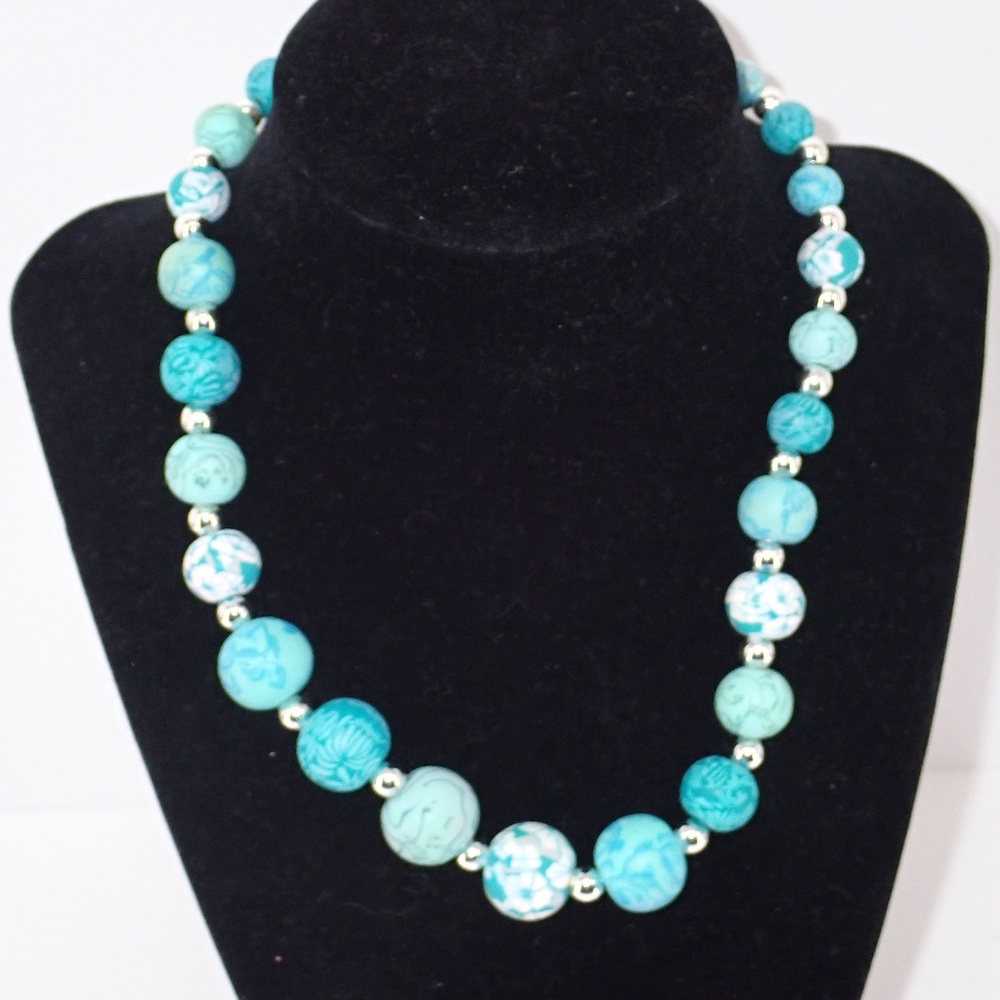 Turquoise Blue Fashion Jewelry Beaded Necklace Sea Beachwear Silver Tone Beads